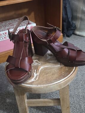 American Eagle Outfitters Brown Leather Platform Heels with Ankle Strap